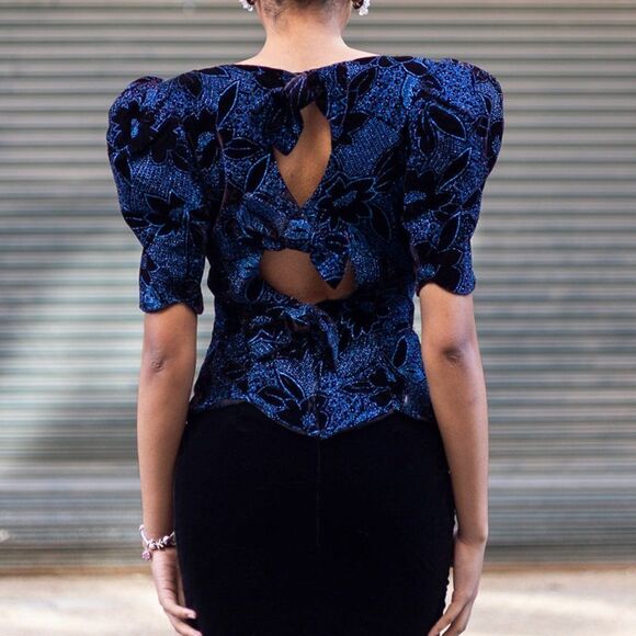 Jessica McClintock Dress Vintage Black Velvet Blue Sparkles Open Back Size 8 - Picture 3 of 13